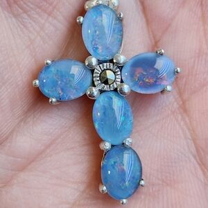 VTG 925 Natural Australian Opal Cross Marcasite Pendant 925 Italy Chain 18"